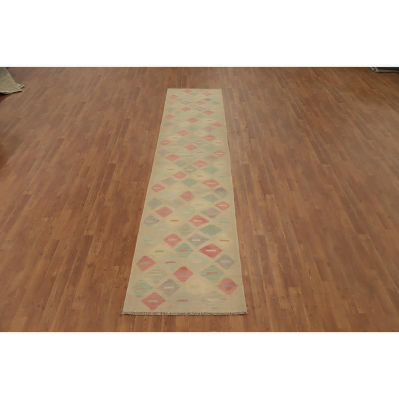 Hand Woven Oriental 100% Wool Carpet Southwestern Modern Multi-Colored Kilim Runner Rug - 11' 10'' X 2' 6''