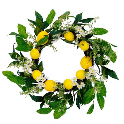 Puleo International 24" Artificial Daisy Floral Spring Door Wreath with Lemons, Multicolor