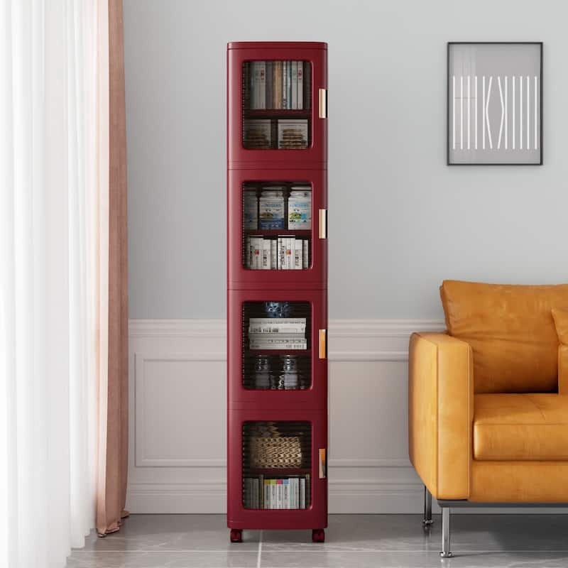 Javlergo 65" Narrow Tall Storage Bin 4 Tier Foldable Kitchen Storage Cabinet Organizer Freestanding Kitchen Pantry - 14.6 x 11.4 x 65.4 In(LxWxH) - Red