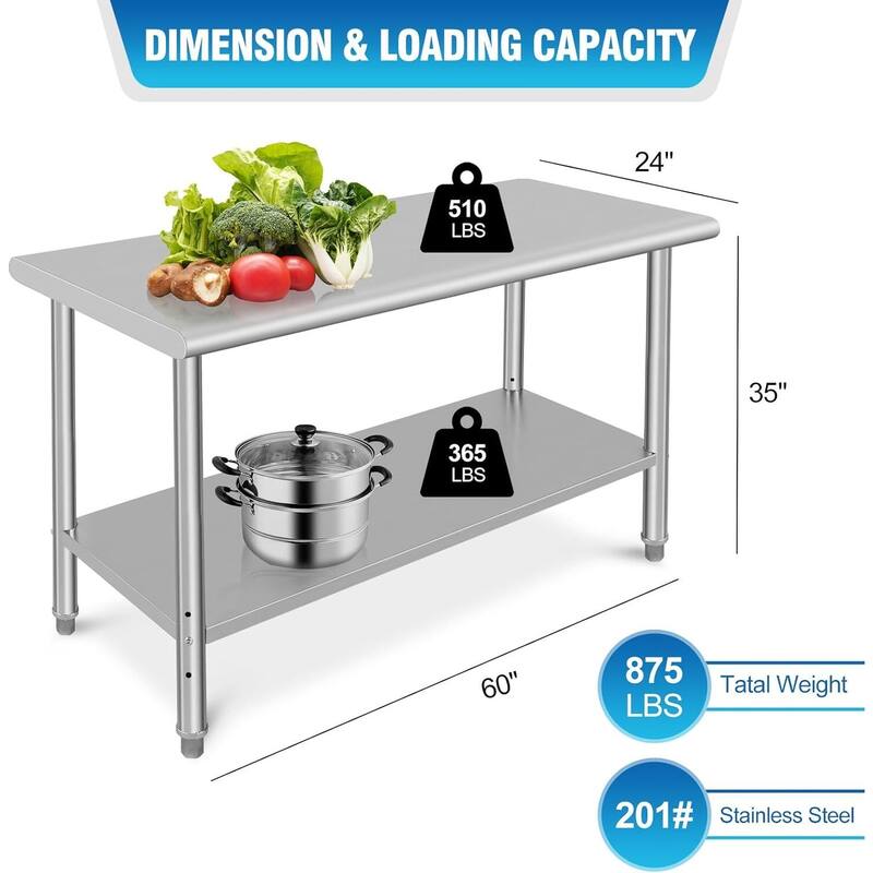 Stainless Steel Prep Table 60 x 24 Inch with Under Shelf