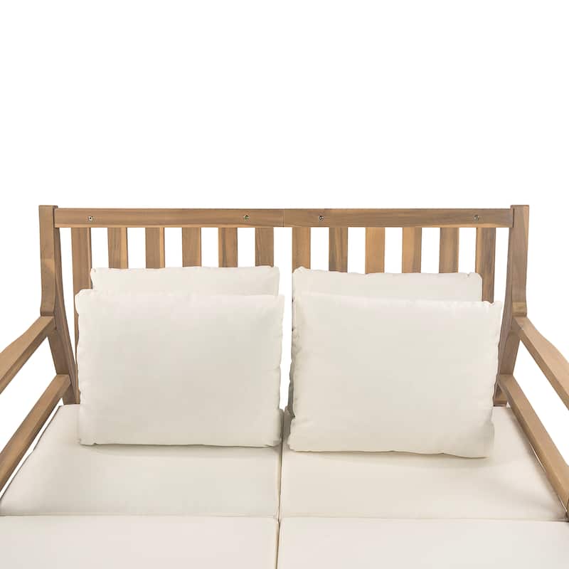 Outdoor Daybed Patio Double Chaise Lounge with Pillows, Wooden Sunlounger with Armrests