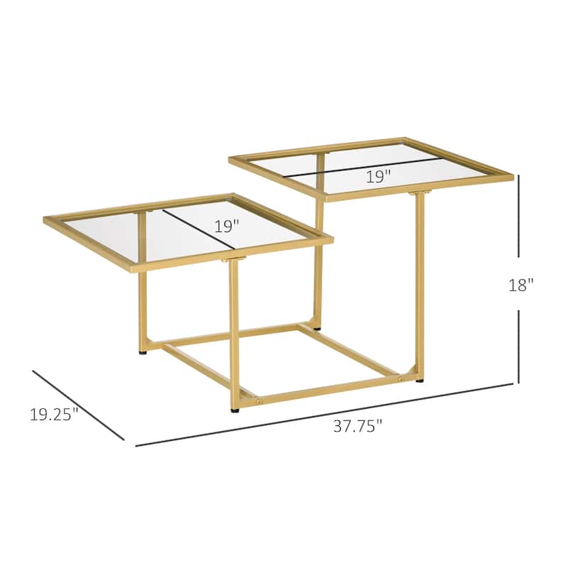 Gold-Clear Tempered Glass and Metal 2 Tier Coffee Table with Adjustable Feet - 37.75" W x 19.25" D x 18" H