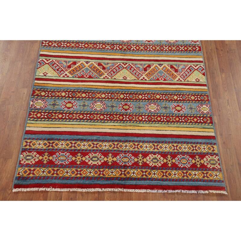Striped Kazak Oriental Accent Rug Handmade Wool Carpet - 4'2" x 6'0"