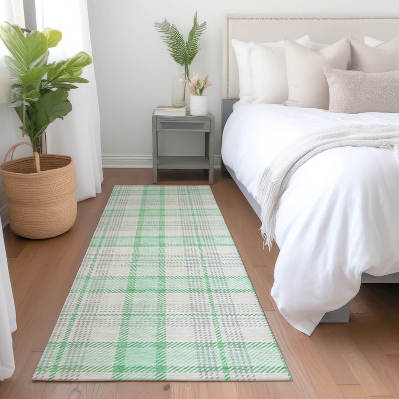 Machine Washable Indoor/ Outdoor Casual Plaid Chantille Rug - Seafoam - 2'3" x 7'6"