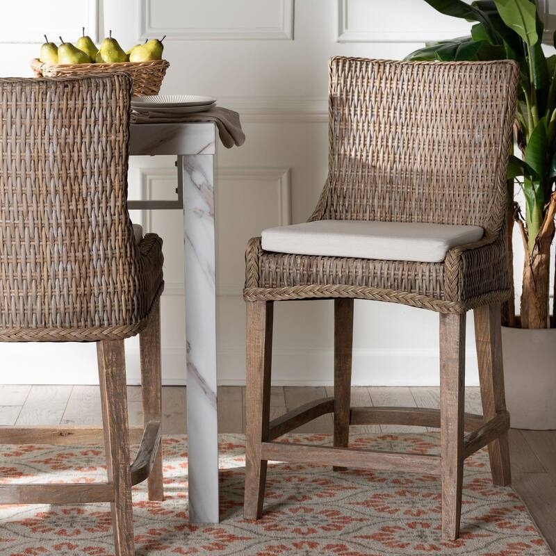 Derris Natural Rattan Counter Stool with Cushion - Tall Wingback Stool with Mango Wood Frame, Boho Coastal Style Seating
