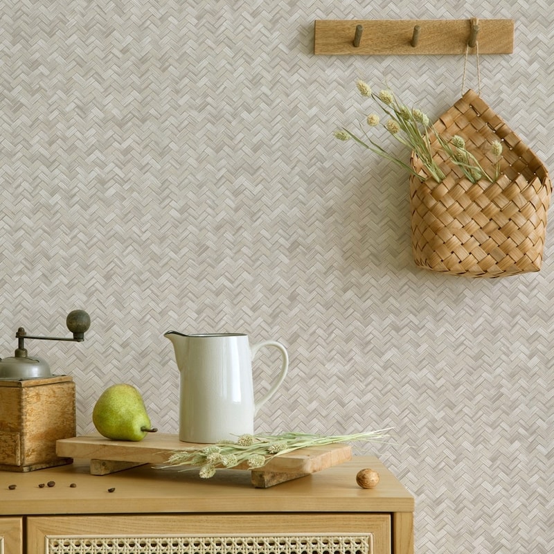 Braided Geometric Pattern Jute Basket Weave Chevron Wallpaper - Beige