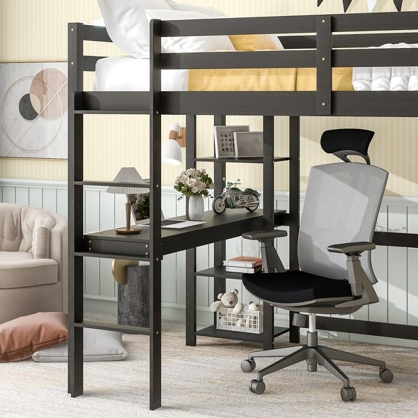 slide 2 of 16, Espresso Full Loft Bed with Desk and Shelves Espresso