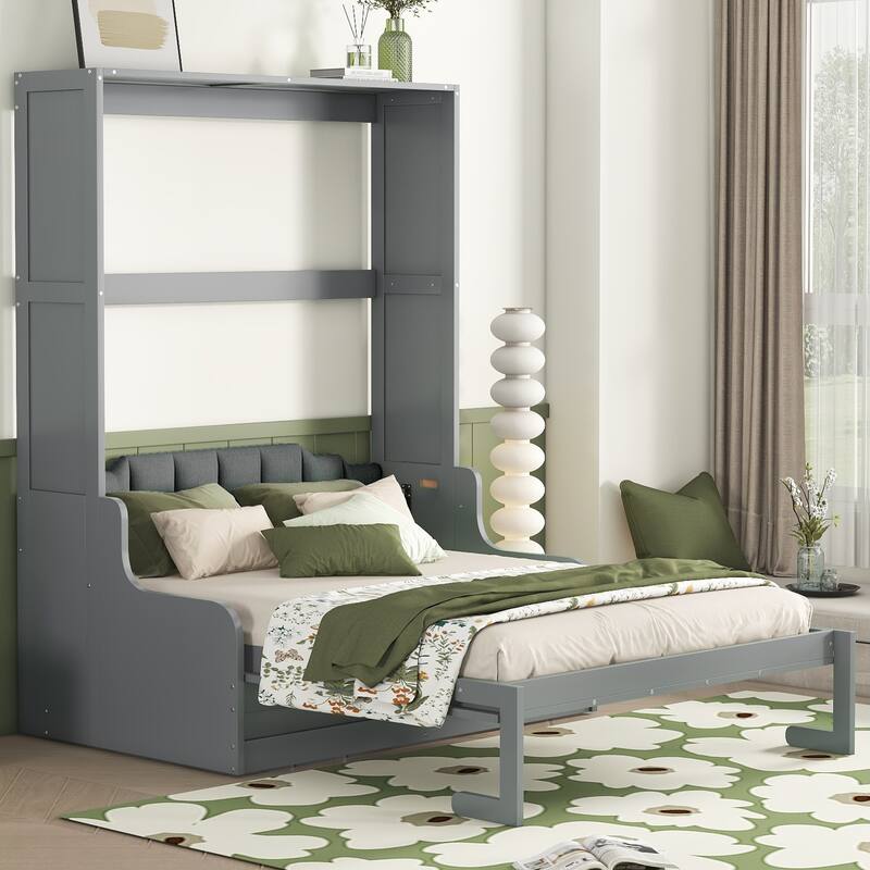 Foldable Queen Murphy Bed with Integrated Cushion, Cabinet, and Easy-to-Use Design for Space Efficiency - Grey