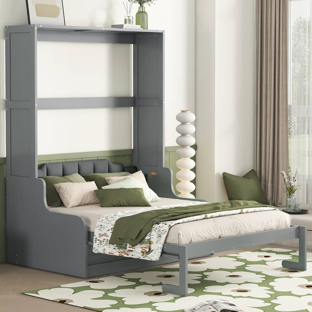 Space-Saving Queen Murphy Wall Bed with Cushion and Chair, Gray Finish