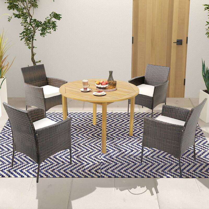 Gymax 5 PCS Patio Dining Set Round Acacia Wood Table 4 Cushioned