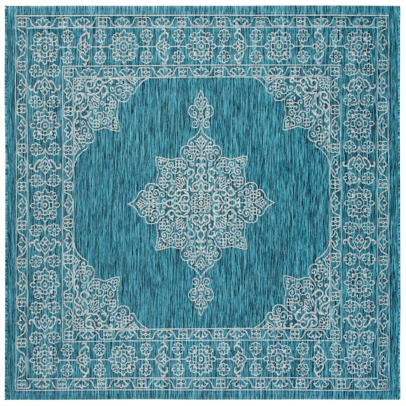 SAFAVIEH Courtyard Maralyn Indoor/ Outdoor Waterproof Patio Backyard Rug - 6'7" x 6'7" Square - Teal/Ivory