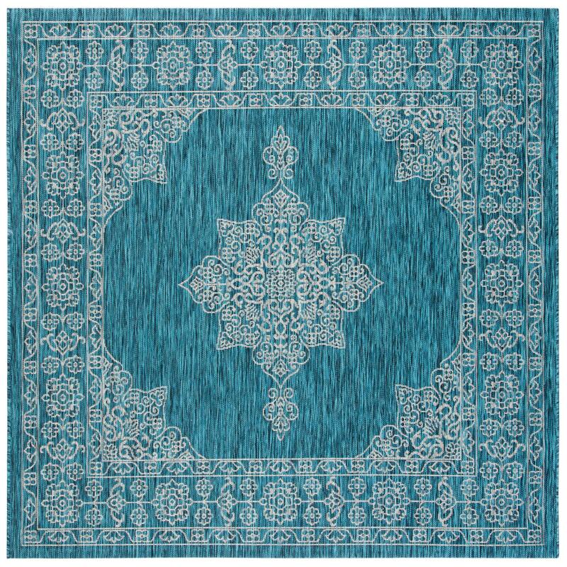 SAFAVIEH Courtyard Zikrija Indoor/ Outdoor Waterproof Patio Backyard Rug - 6'7" Square - Teal/Ivory
