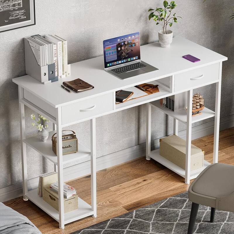 Computer Desk 48 Inch Home Office Bedroom Writing Study PC Table with Fabric Drawers Storage Shelves Space Side Bag - White