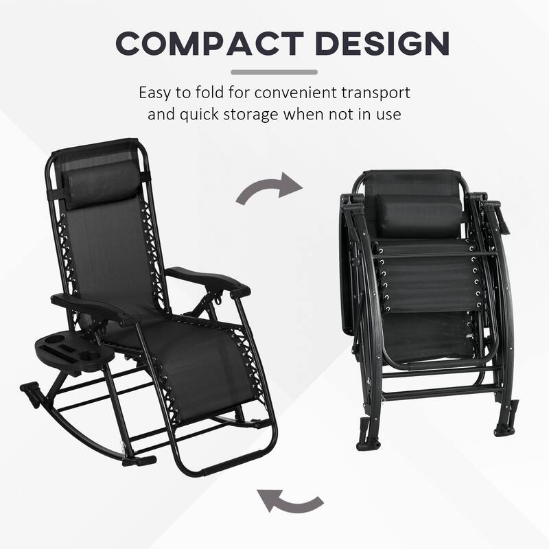 2 Pieces Outdoor Rocking Chairs, Foldable Reclining Zero Gravity Lounge Rocker with Pillow, Cup and Phone Holder