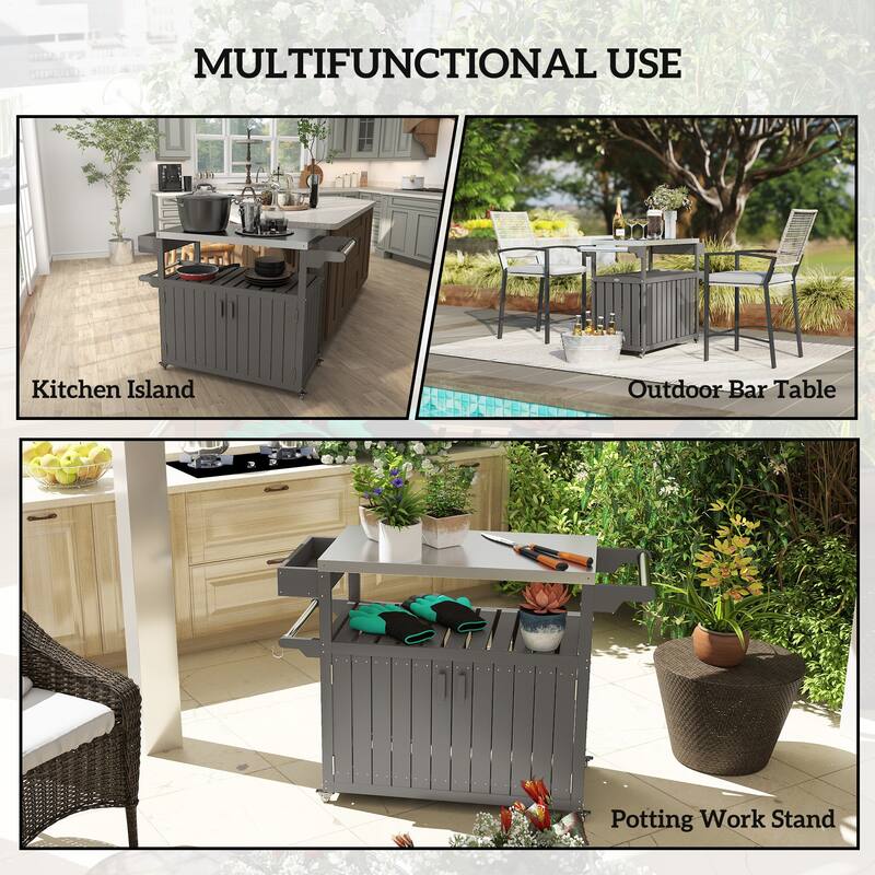 Stainless Steel and HDPE Outdoor Bar Cart with Cabinet, Hooks, and Swivel Casters Mobile Serving Table