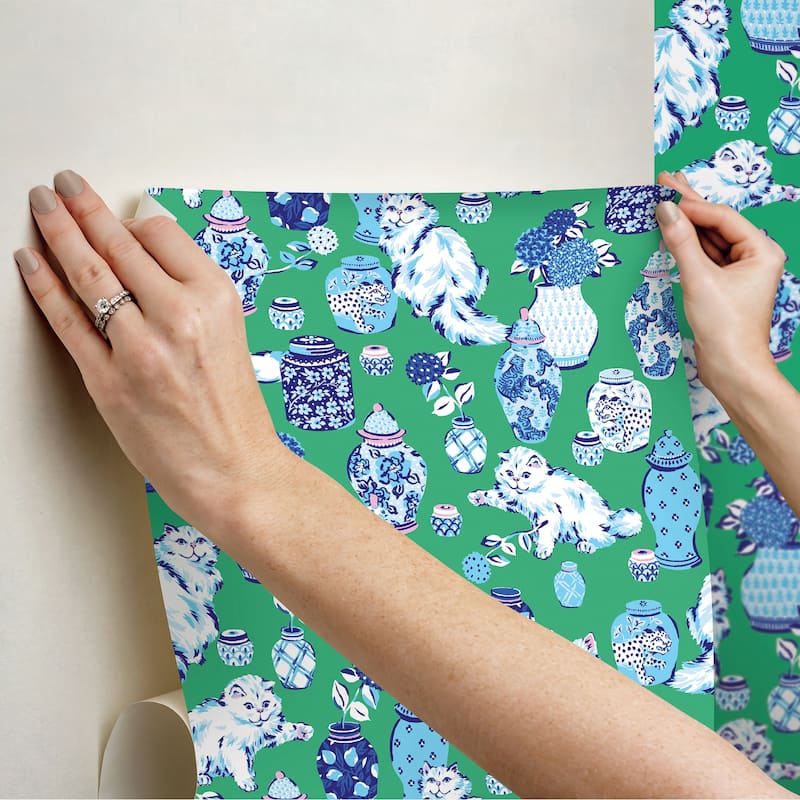 Fancy Cats Green Peel and Stick Wallpaper