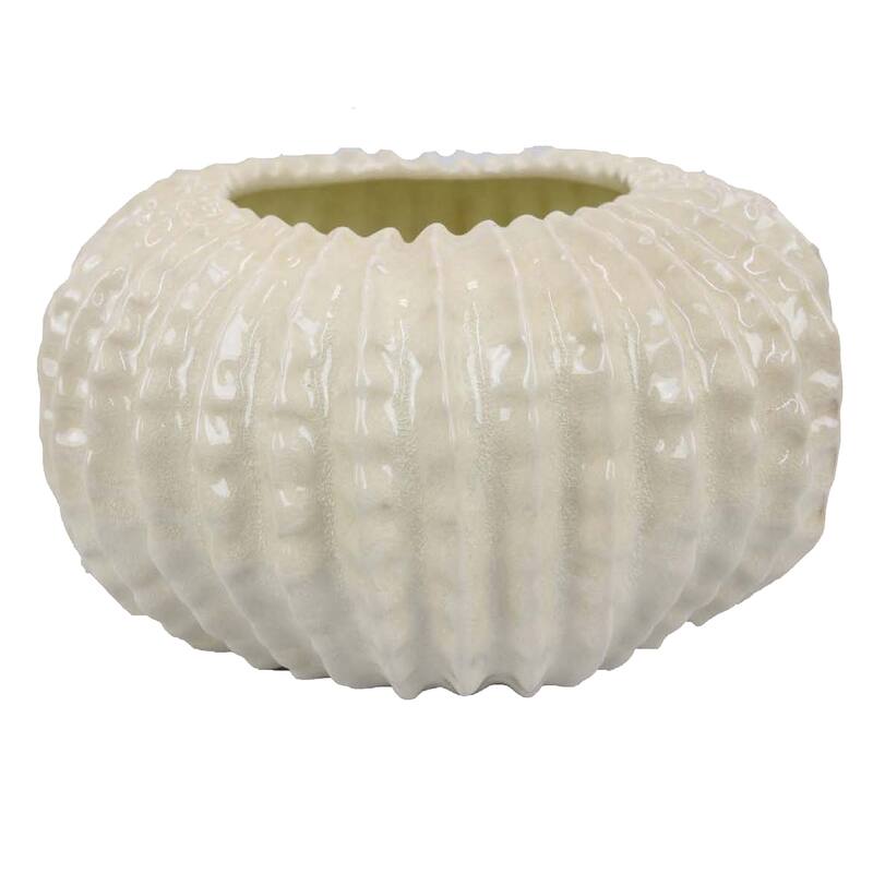 Harry Round Planter with Textured Design, Glossy White Ceramic 13 Inch