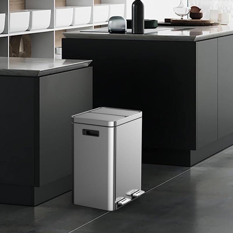 Three Compartment Stainless Steel Trash Can, 3 x 4 Gal (3 x 15L) Garbage Can for Kitchen Office