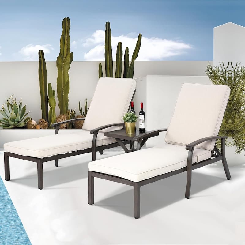 HOMEFUN 3-Piece Outdoor Aluminum Reclining Chaise Lounge (set of 2)with Table and Cushions