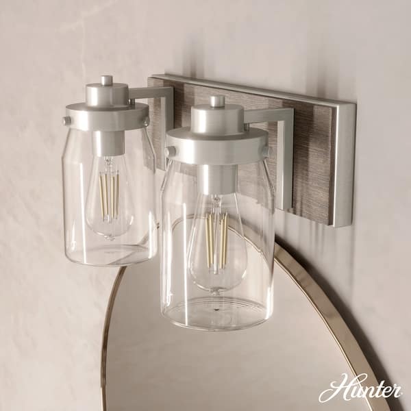 slide 2 of 12, Hunter Devon Park Bathroom Vanity Wall Light, Damp Rated, Rustic, Farmhouse 2-Light - Brushed Nickel and Grey Wood