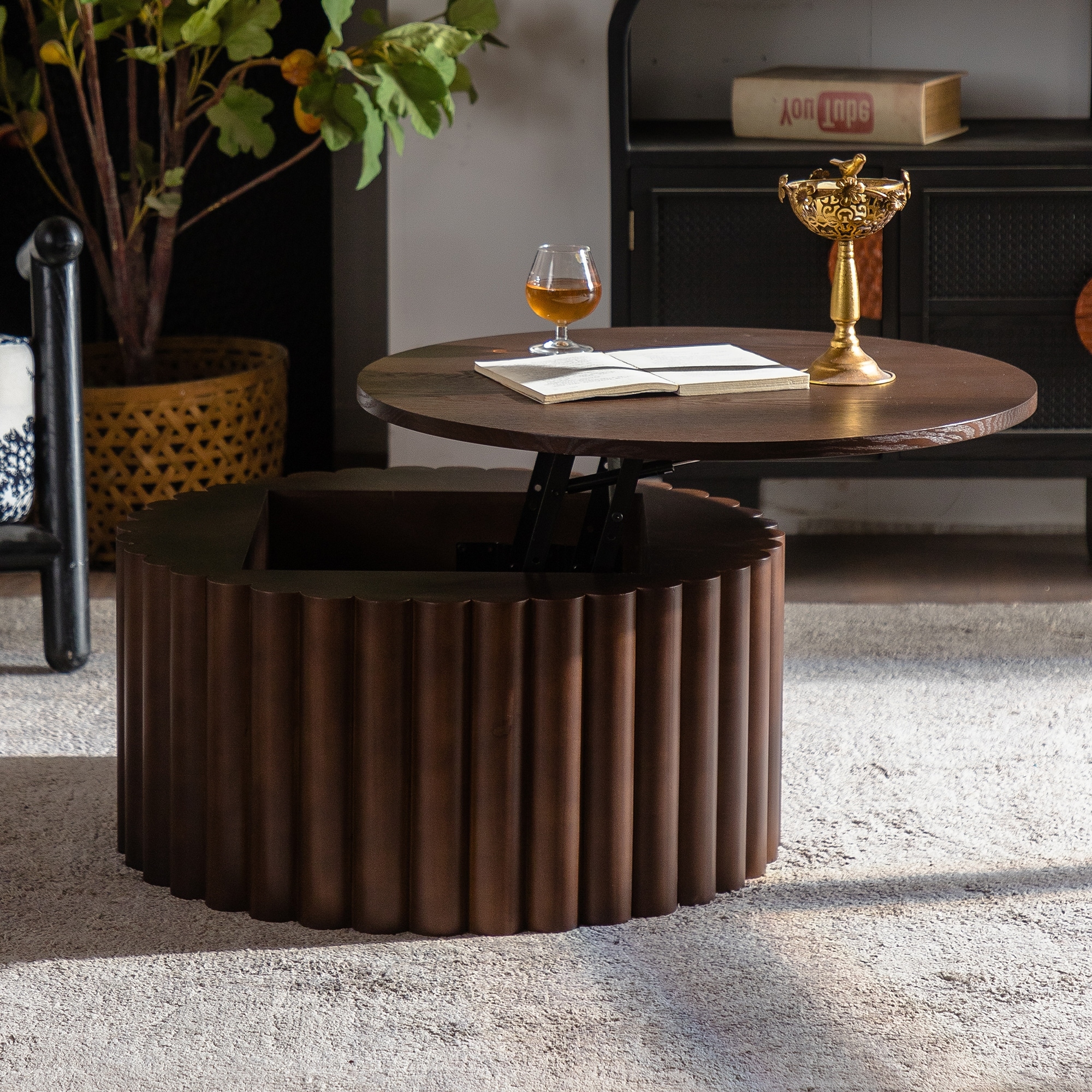 Round Coffee Table with Lift Handcrafted Relief Sturdy Pedestal Wooden Tea Table for Living Room