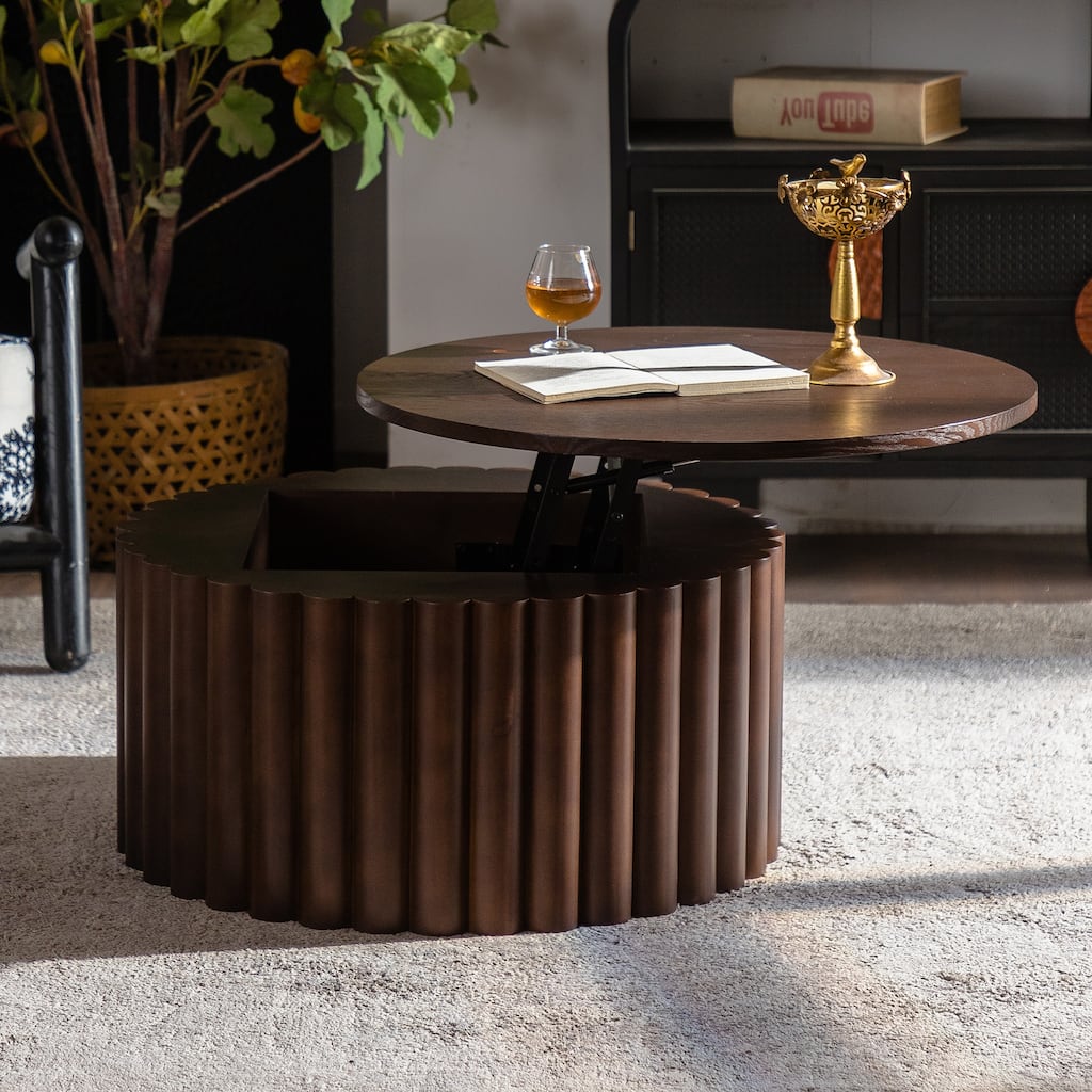 Round Lift Top Coffee Table with Handcrafted Relief, Sturdy Pedestal Base & No Assembly Required