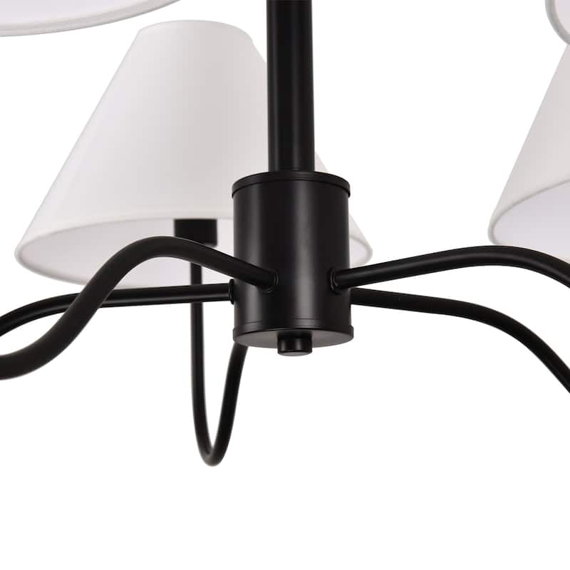 Contemporary 5 - Light Chandelier, Black Metal Frame with White Fabric Shades - Matte Black