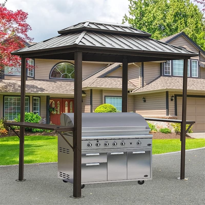 8 × 6 Ft BBQ Grill Gazebo Aluminum Frame Double Roof with Shelves Serving Tables