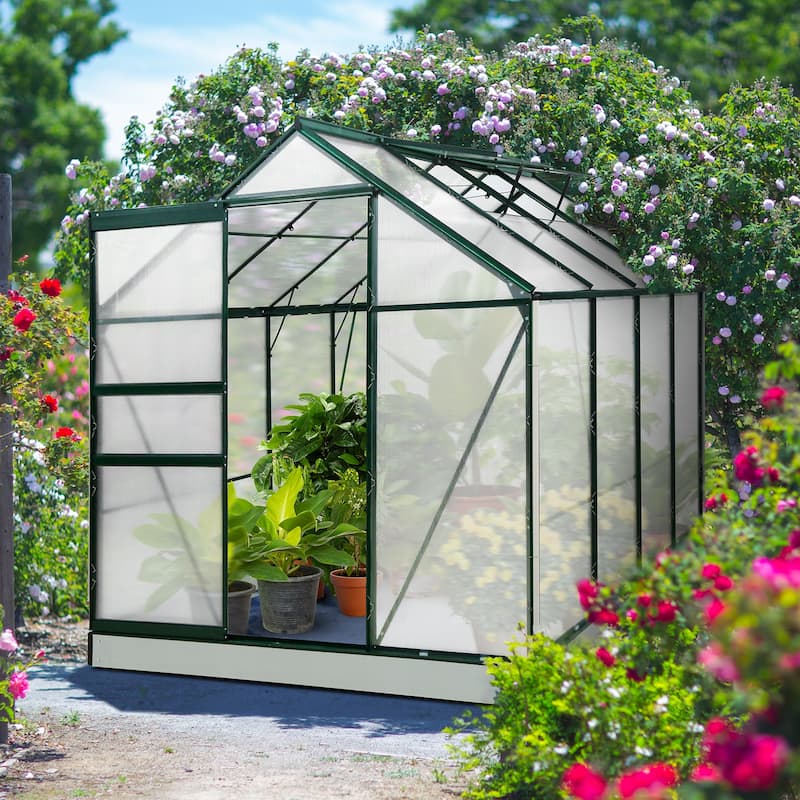 EAGLE PEAK 6x8x7 PC Walk-in Hobby Greenhouse with Adjustable Roof Vent and Rain Gutter,Dark green