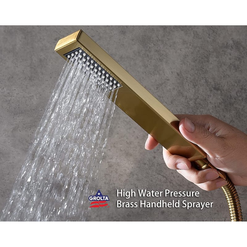 Dual Heads 12" Rainfall & High Pressure 6" Shower System w/ 3 Way Thermostatic Faucet - Brushed Gold - Brushed Gold