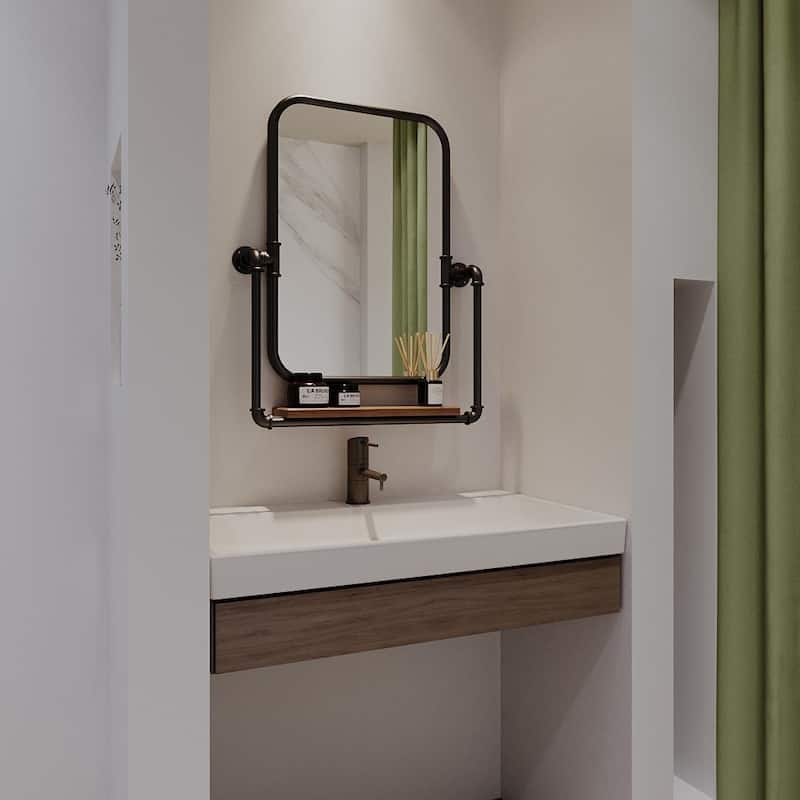 MacLuu Industrial Black Metal Pipe Hanging Wall Mirror with Shelf