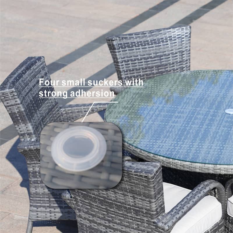 All-Weather Aluminum Woven Rattan Round Dining Table with Umbrella Hole and Tempered Glass Top