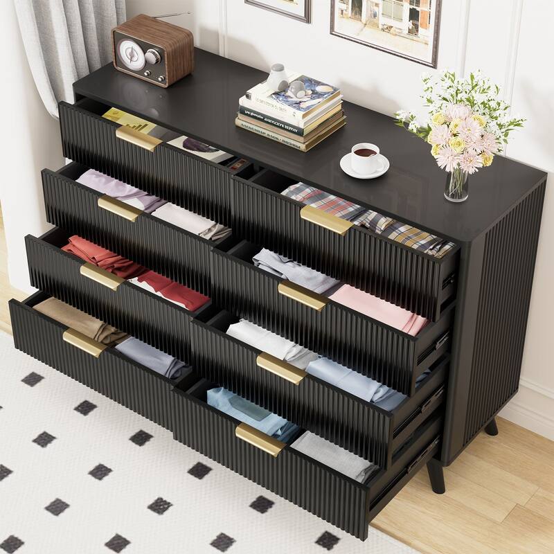 Gymojoy 8 Drawer Fluted Dresser for Bedroom, Modern Wave Pattern Wood Chest with Gold Handles, Boho Storage Dresser
