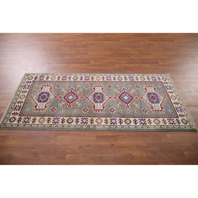Hand Knotted Oriental 100% Wool Carpet Traditional Geometric Green Kazak Area Rug - 6' 3'' X 2' 9''