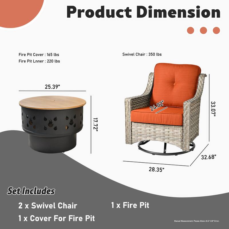OVIOS 3 Pieces Outdoor Wicker Curved Swivel Chair Set With Fire Table