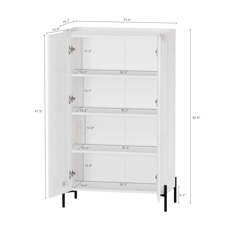 Manhattan Comfort Modern Abbey Décor Ribbed Tempered Glass Cabinet with Adjustable Shelves in White