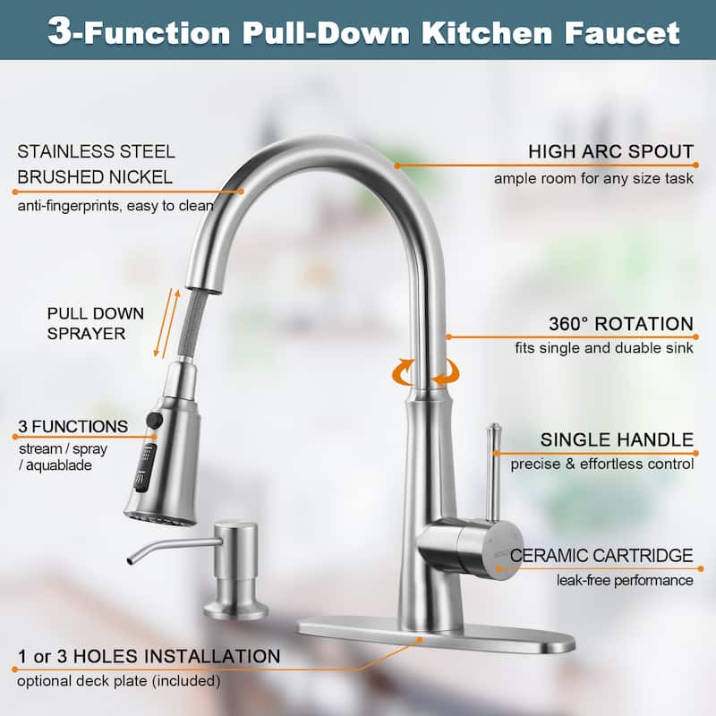 WOWOW Pull Down Sprayer Kitchen Faucet with Soap Dispenser
