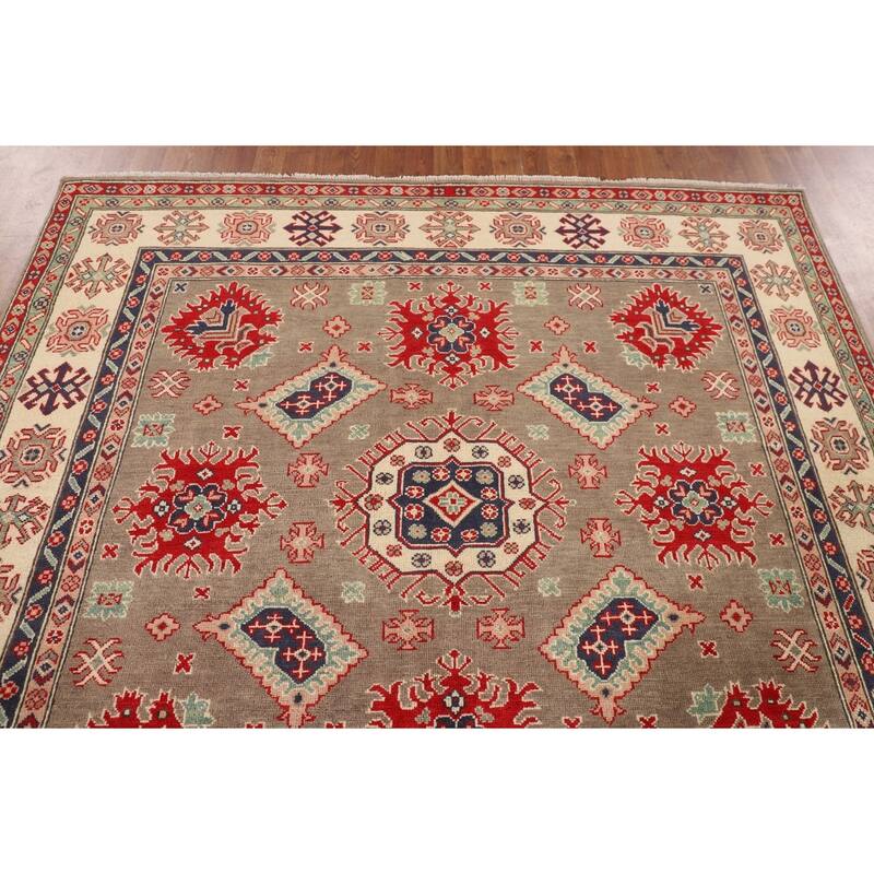 Brown Geometric Kazak Oriental Square Rug Hand-Knotted Wool Carpet - 6'8" x 6'5"
