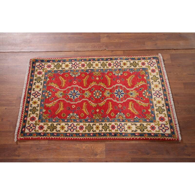 Hand Knotted Oriental 100% Wool Carpet Traditional Floral Red Kazak Area Rug - 3' 3'' X 2' 1''