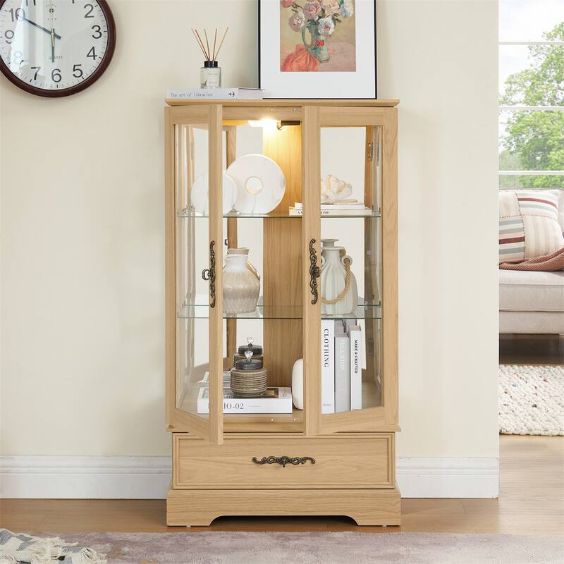 Lighted Glass Display Curio Cabinet with Door, 3 Shelves, Bulb, Drawer