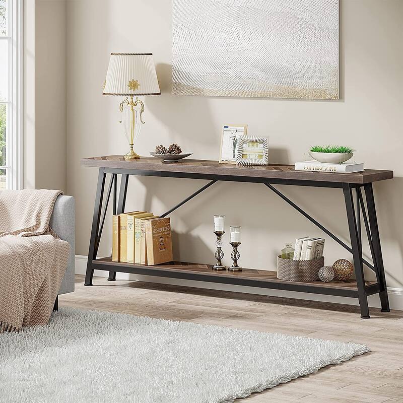 70.9 Inches Entry Console Table, Long Sofa Table - Brown & Black