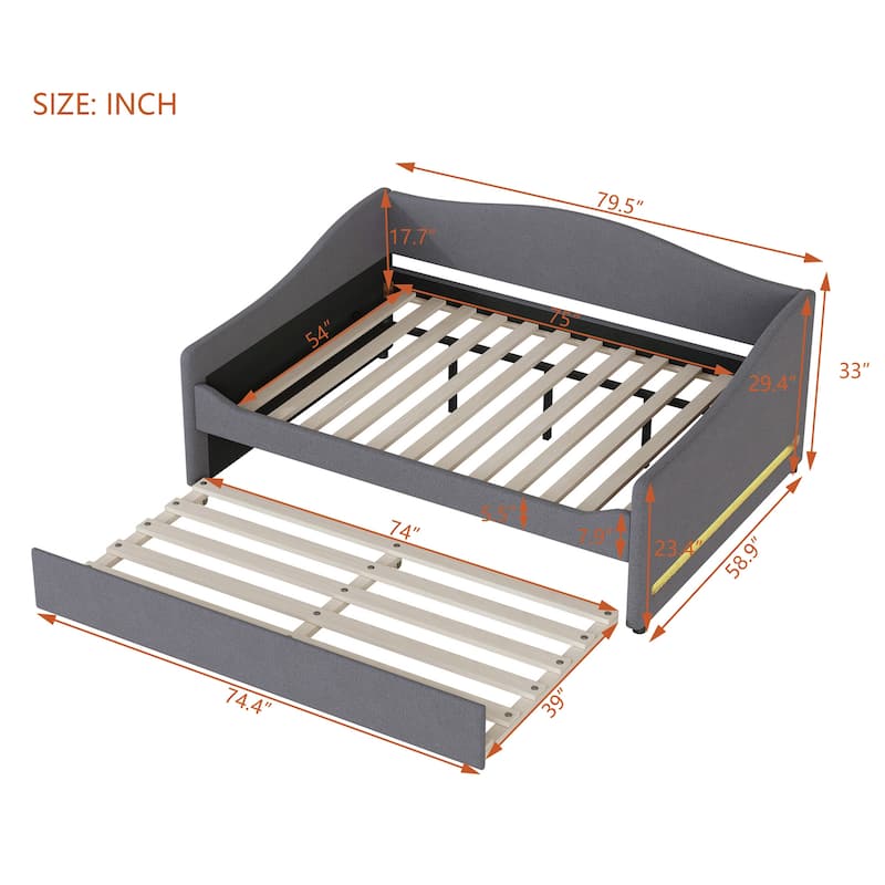 LED Daybed Frame Teddy Fleece Upholstered Sofabed, Wood Panel Bed with Pull-out Trundle Bed, Platform Bed Furniture