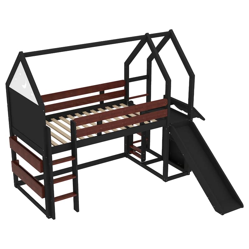 Playful House Bed Starry Moon Cottage Twin Size Loft Bed with Built-in Bookshelves, Reversible Slide and Front & Side Ladders