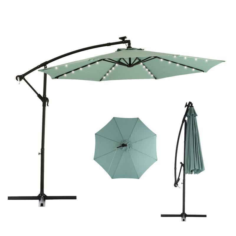 HOMEFUN 10ft Solar LED Offset Hanging Market Patio Umbrella