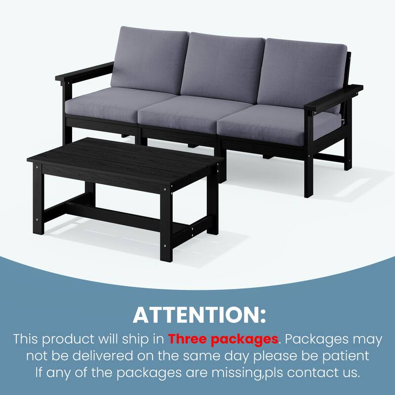 Outdoor Patio HDPE 3-Seat Sofa and Coffee Table Set, Removable Cushions Included