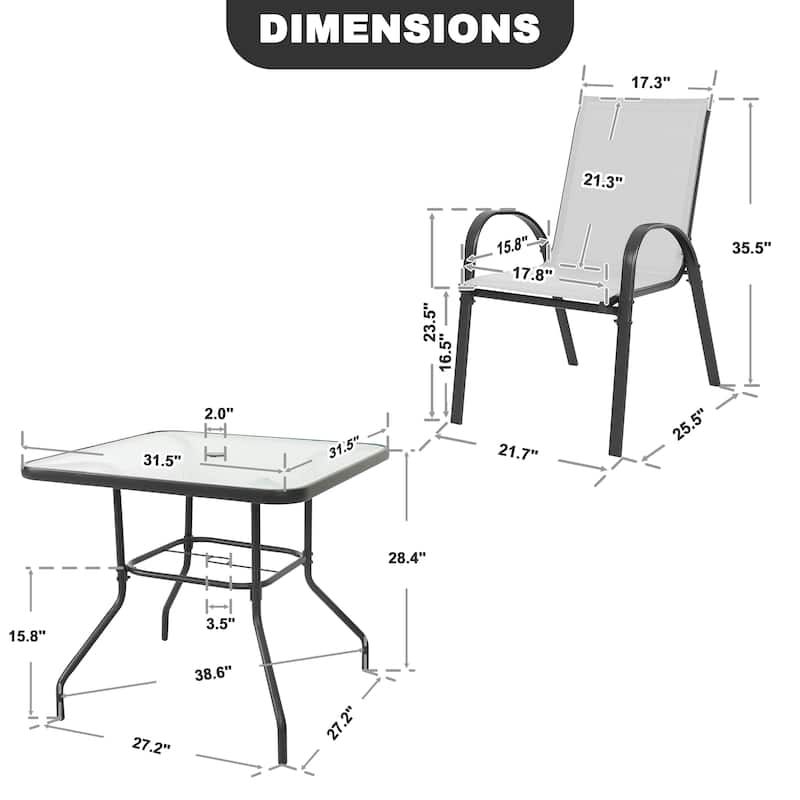 5-Piece Outdoor Dining Set, Textilene Stackable Chairs ang Square Table with Umbrella Hole