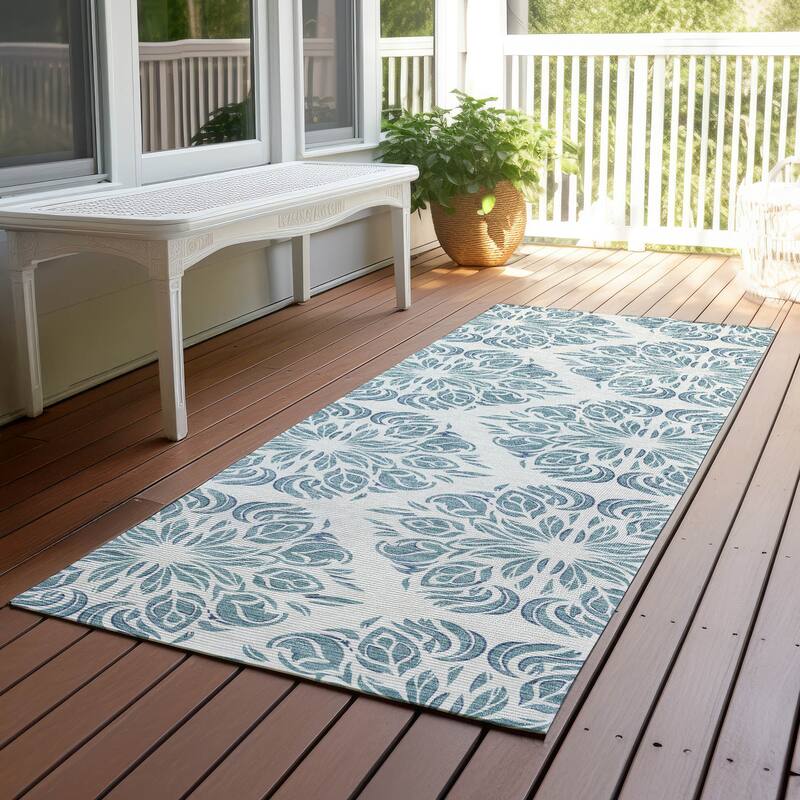 Machine Washable Indoor/ Outdoor Damask Pearl Chantille Rug - Teal - 2'3" x 7'6"