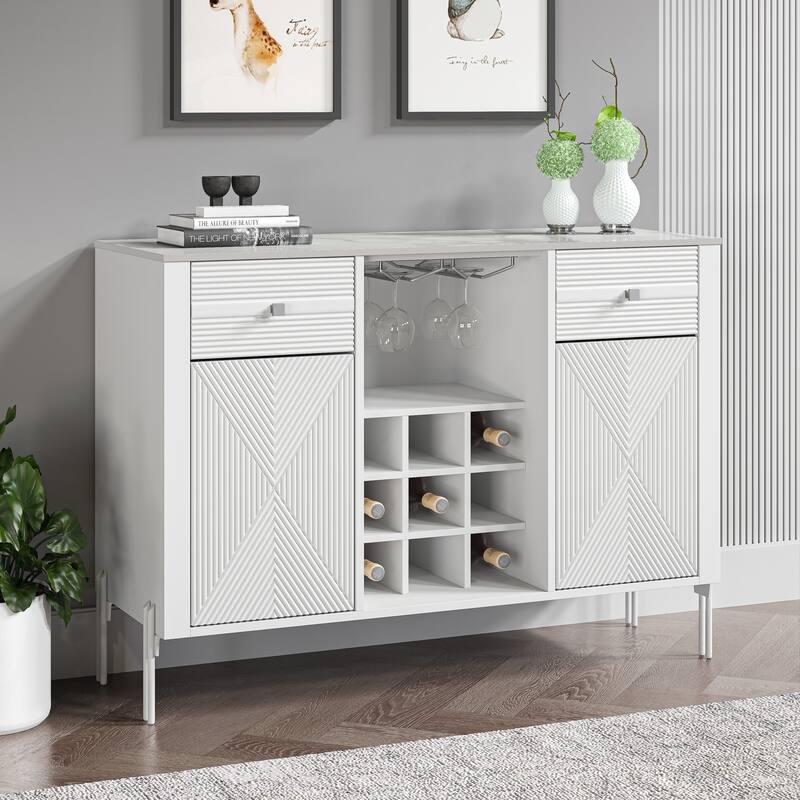42" Modern Wine Cabinet with Metal Glass Rack and Drawers - 42" in Width