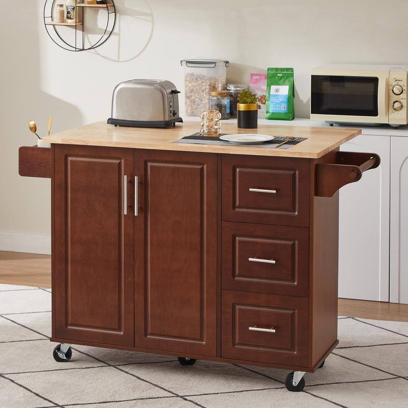 Mobile Drop Leaf Kitchen Cart, Kitchen Island on Wheels with Double Door Cabinet, 3 Drawers, Towel Rack and Spice Rack