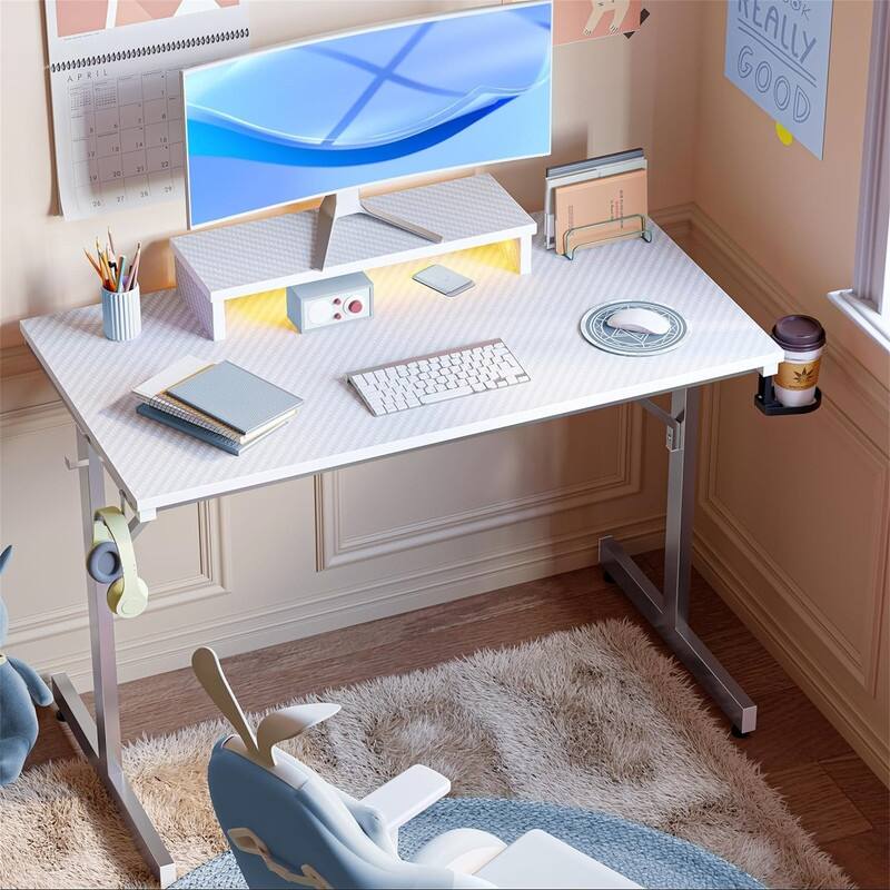 Small Gaming Desk with Monitor Stand - White
